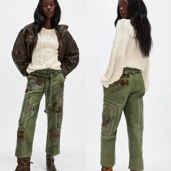 NEW We The Free People Electric Sands Embroidered Pants Women's Size 6 Green - Picture 1 of 8
